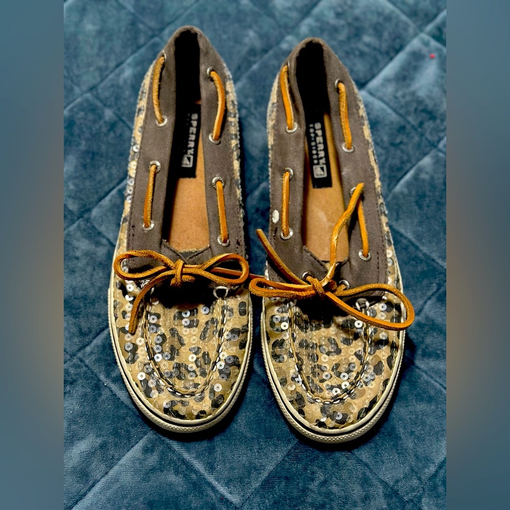 Sperry Canvas Leopard Print Sequin Boat Shoe Size 5.5 Women’s